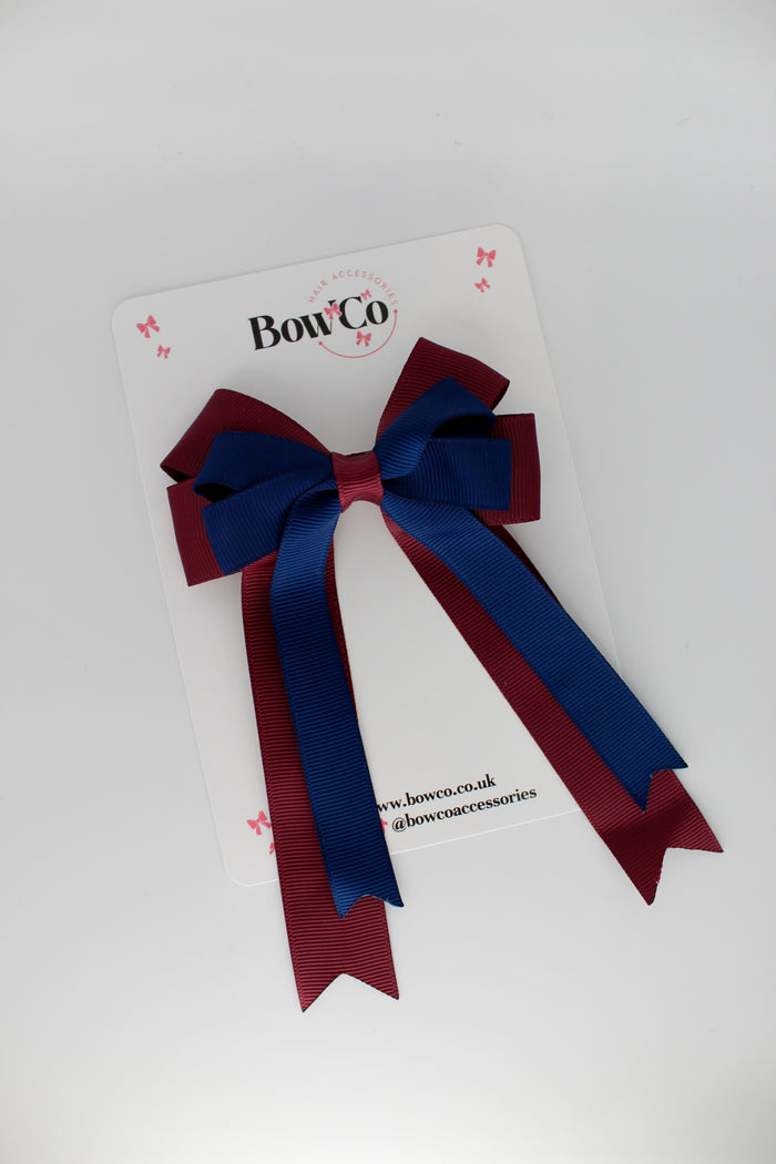 School Bow Navy Blue & Burgundy - Double Bow Tail