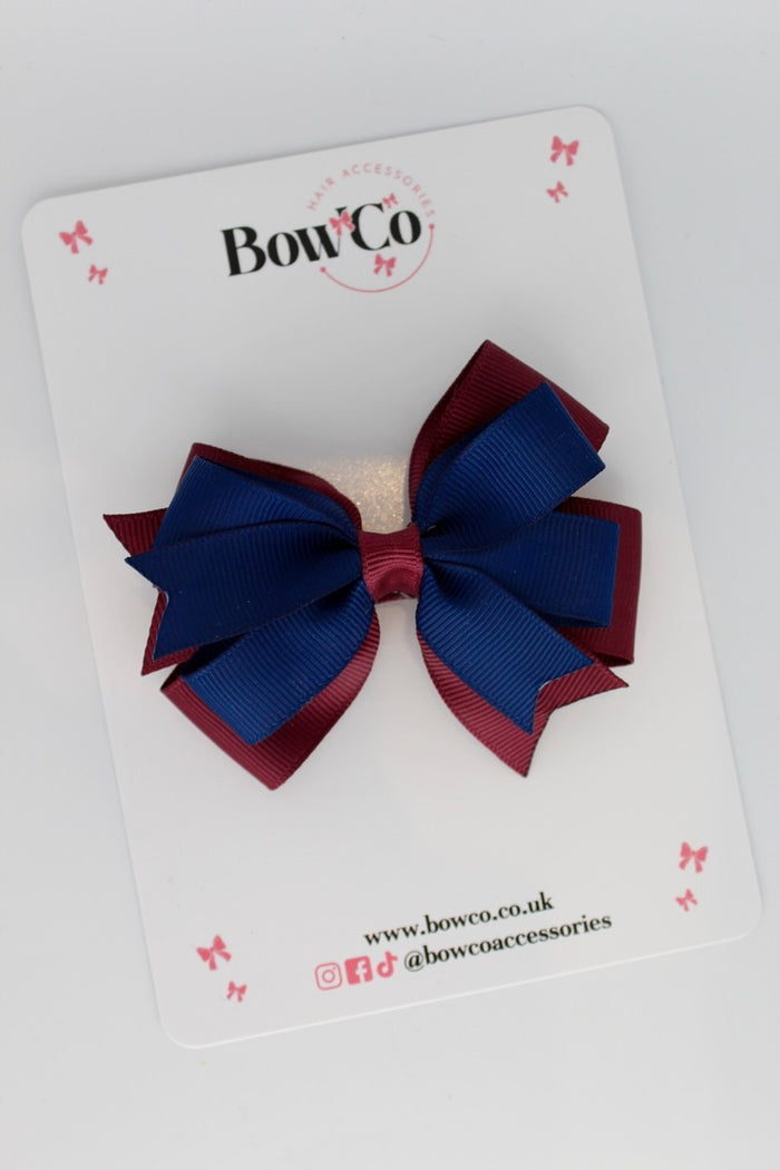 School Bow Navy Blue & Burgundy - Double Tail Bow - Clip