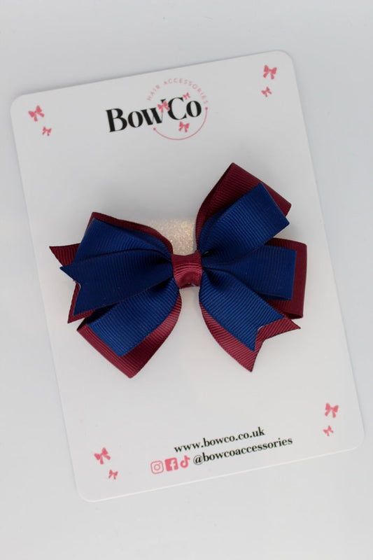 School Bow Navy Blue & Burgundy - Double Tail Bow - Clip