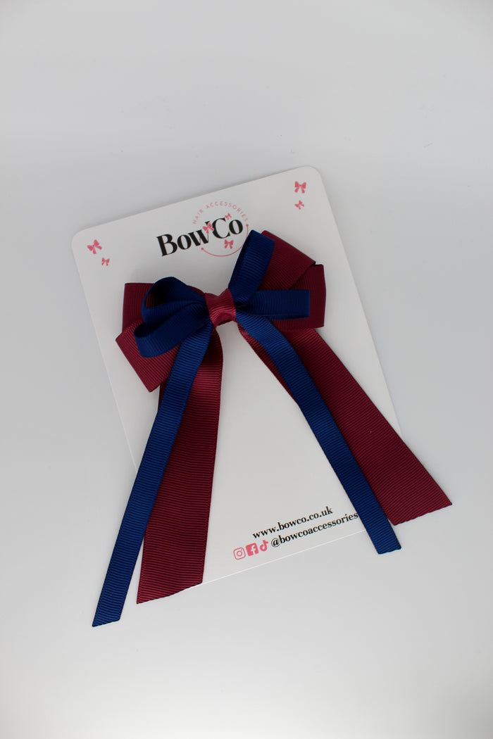 School Bow Navy Blue & Burgundy - Loop Bow Tail Clip