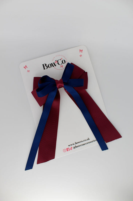 School Bow Navy Blue & Burgundy - Loop Bow Tail Clip