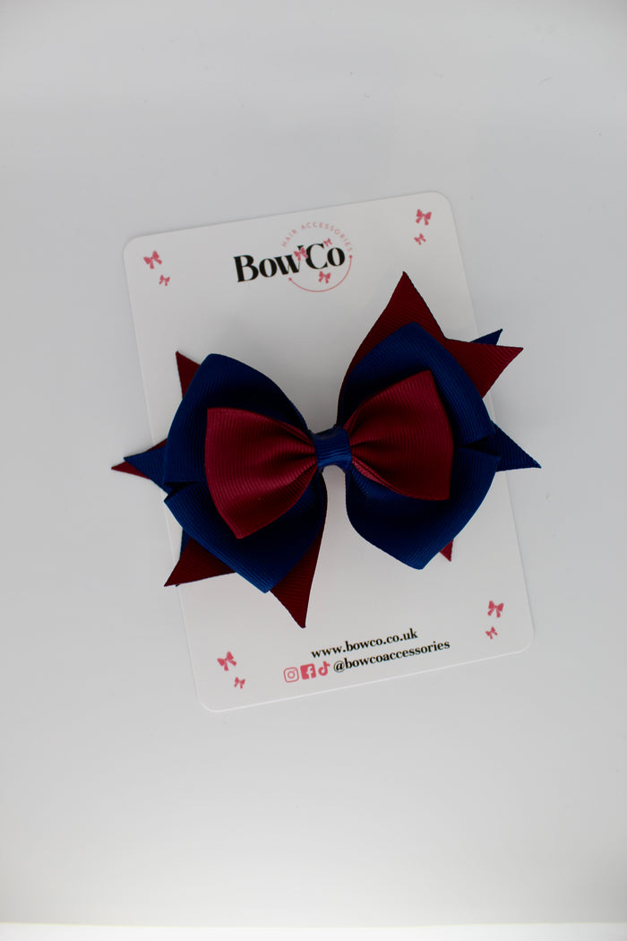 School Bow Navy Blue & Burgundy Layer Bow - Clip