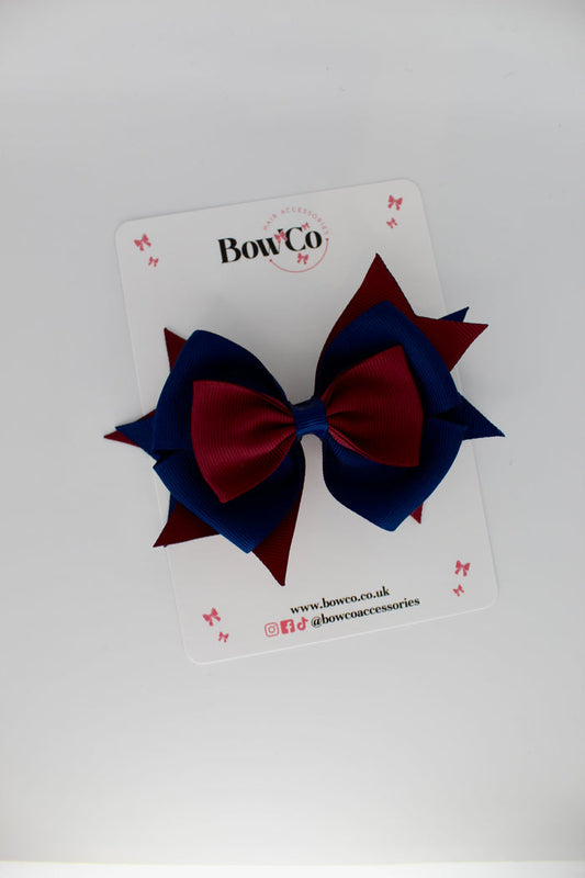 School Bow Navy Blue & Burgundy Layer Bow - Clip