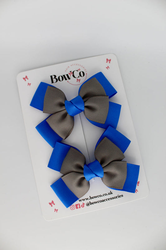 School Bow Royal Blue and Metal Grey - Layer Bow Set - Clip