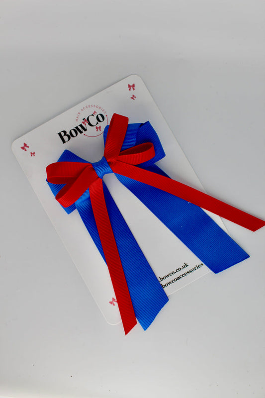 School Bow Royal Blue and Red - Loop Bow Tail Clip