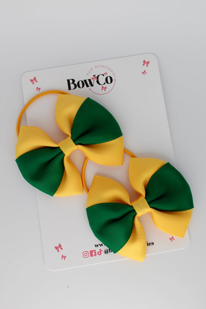 School Bows - Forest Green and Yellow Gold - Round Tuxedo Bow Set - Elastic