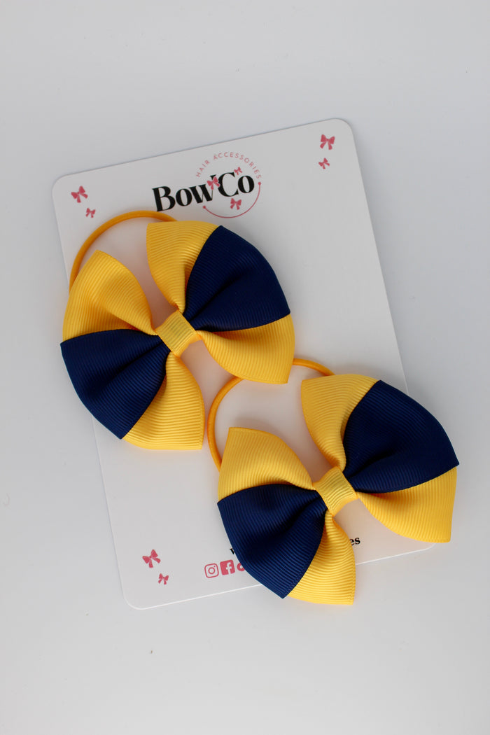 School Bows - Navy and Yellow Gold - Round Tuxedo Bow Set - Elastic