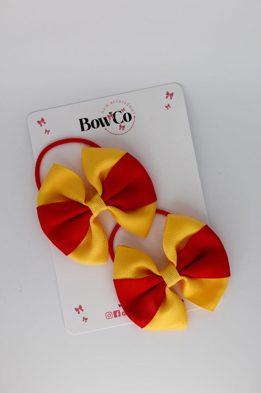 School Bows - Red and Yellow Gold - Round Tuxedo Bow Set - Elastic