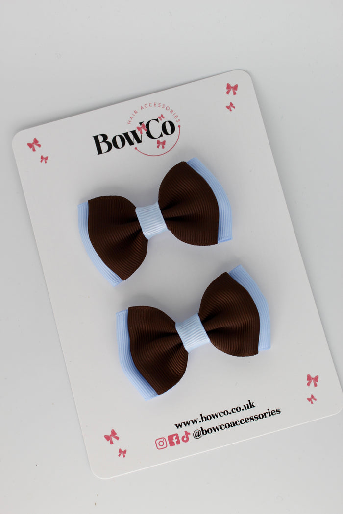 School Bows Bluebell and Brown - Double Bow Set - Clip