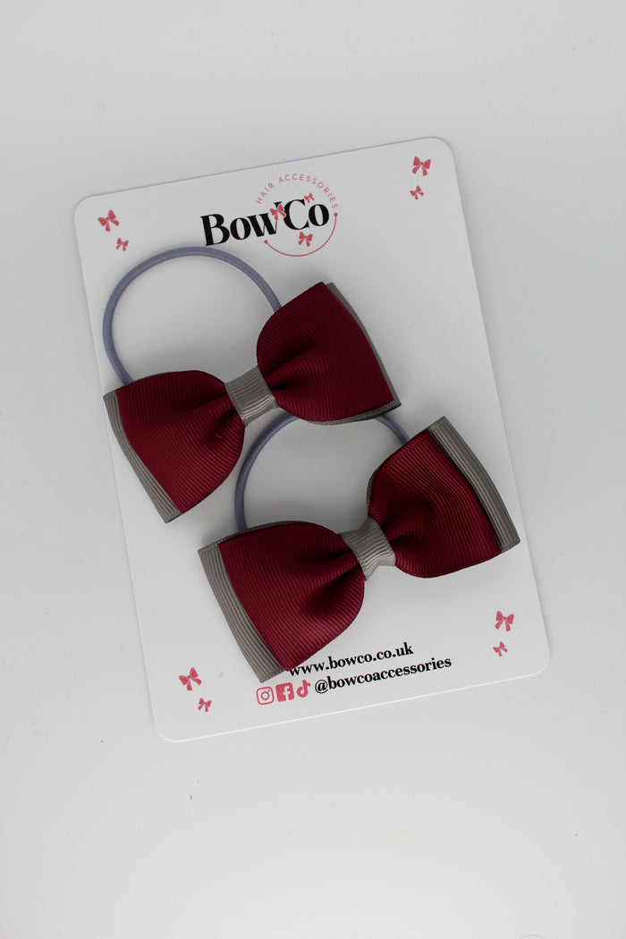 School Bows Burgundy and Metal Grey - Double Lapel Bow Set - Elastic