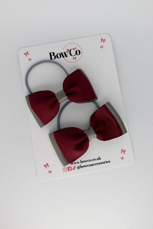 School Bows Burgundy and Metal Grey - Double Lapel Bow Set - Elastic