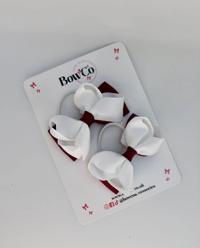 School Bows Burgundy and White - Pleated Bow Set - Elastic