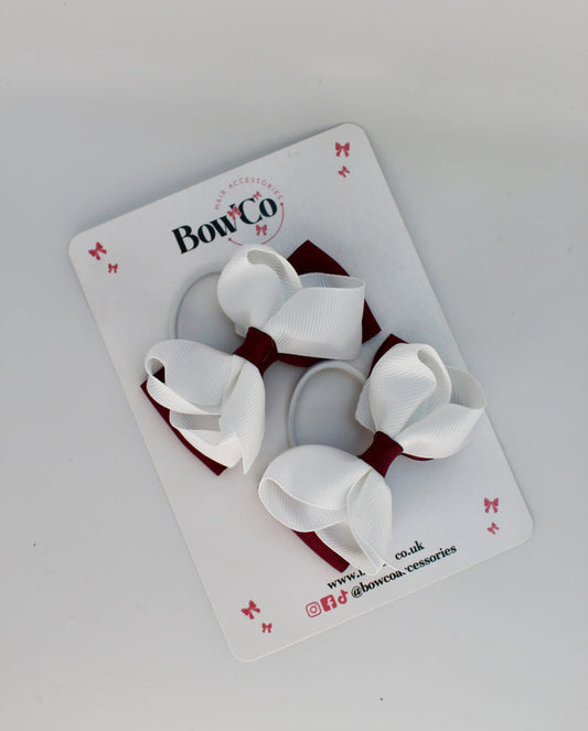 School Bows Burgundy and White - Pleated Bow Set - Elastic