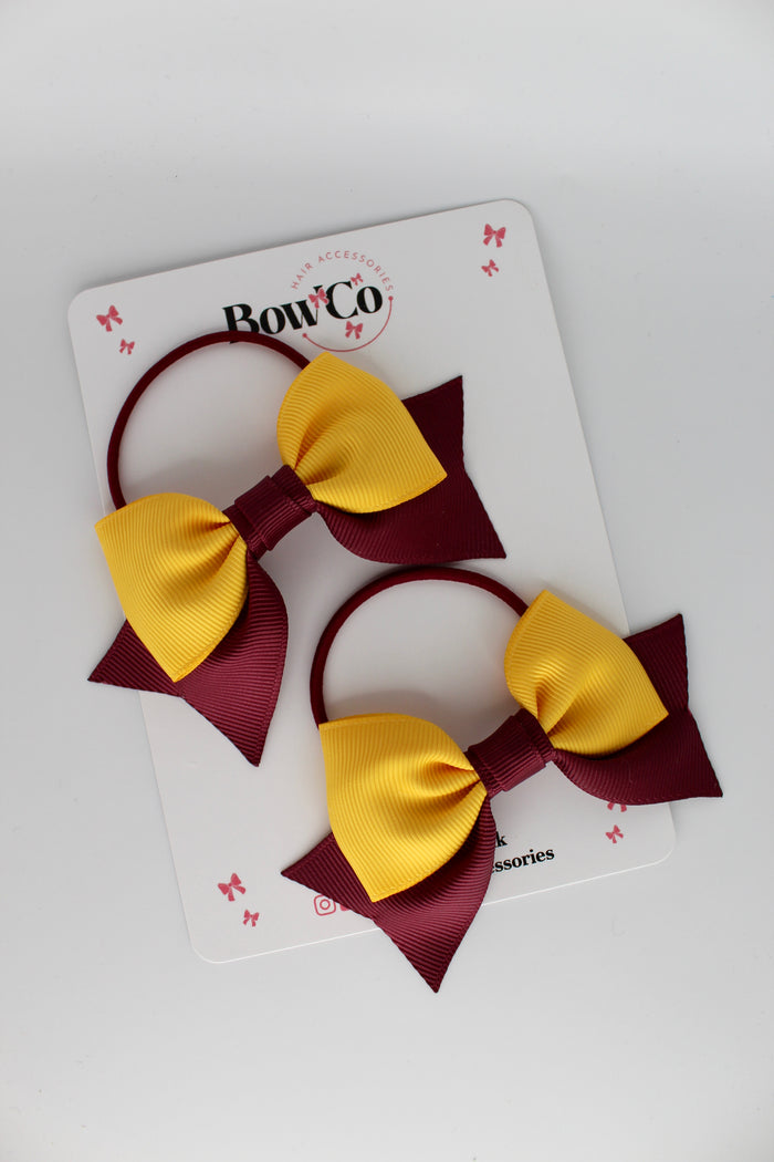 School Bows Burgundy and Yellow Gold Double - Bow Tail Set - Elastic