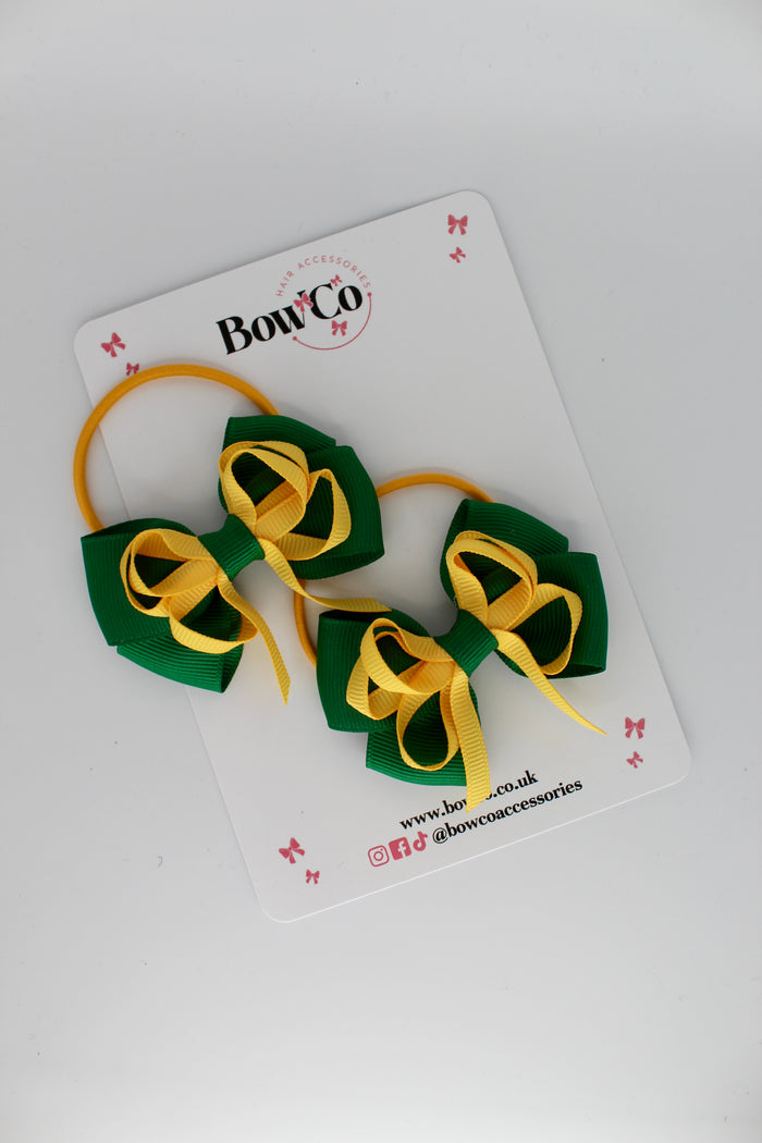 School Bows Forest Green and Yellow Gold - Double Bow Set -Elastic