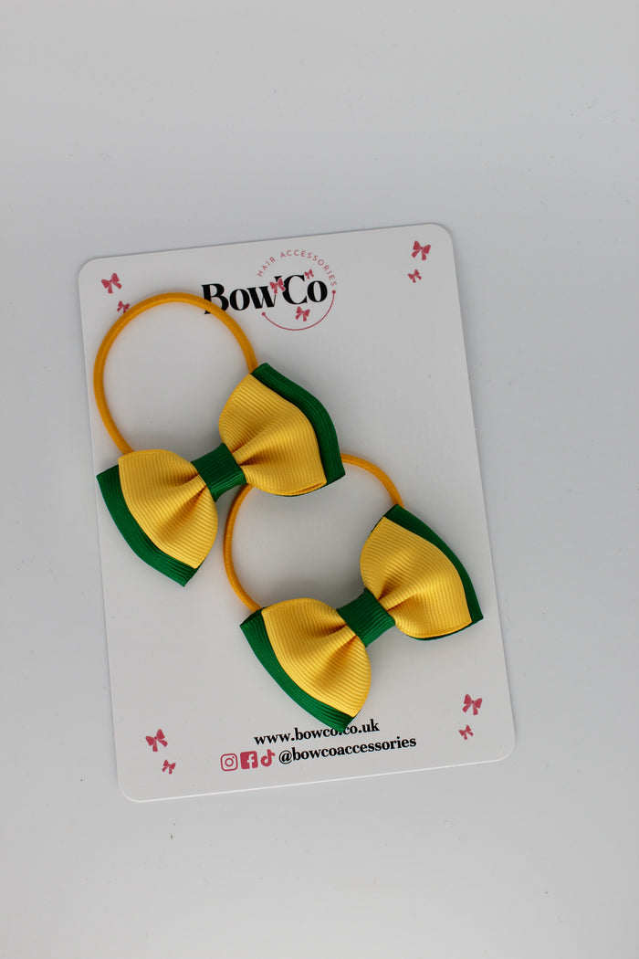 School Bows Forest Green and Yellow Gold - Double Ribbon Bow Set - Elastic