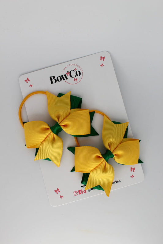 School Bows Forest Green and Yellow Gold - Layer Tail Bow Set - Elastic
