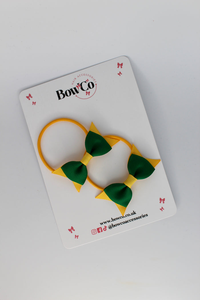 School Bows Forest Green and Yellow Gold - Layer Tail Bow Set - Elastic
