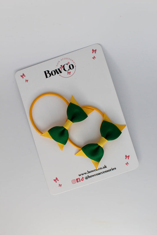 School Bows Forest Green and Yellow Gold - Layer Tail Bow Set - Elastic
