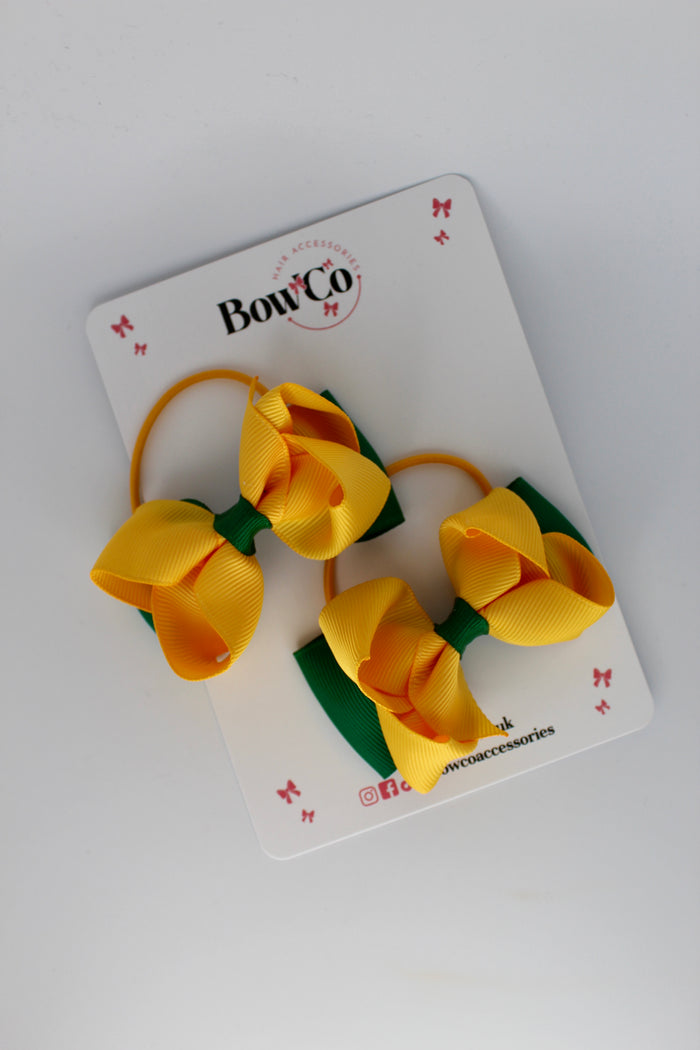 School Bows Forest Green and Yellow Gold - Pleated Bow Set - Elastic
