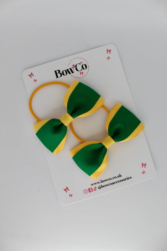 School Bows Forest Green and Yellow Gold - Tuxedo Bow Set - Elastic