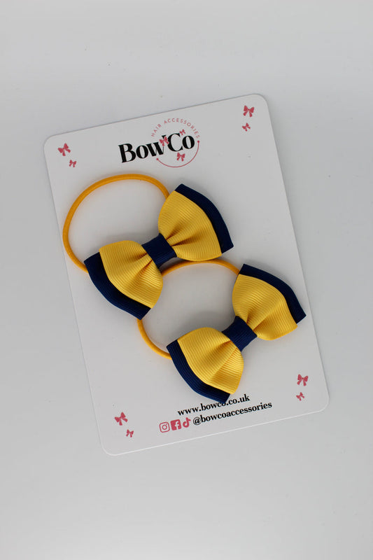 School Bows Navy and Yellow Gold - Double Ribbon Bow Set - - Elastic