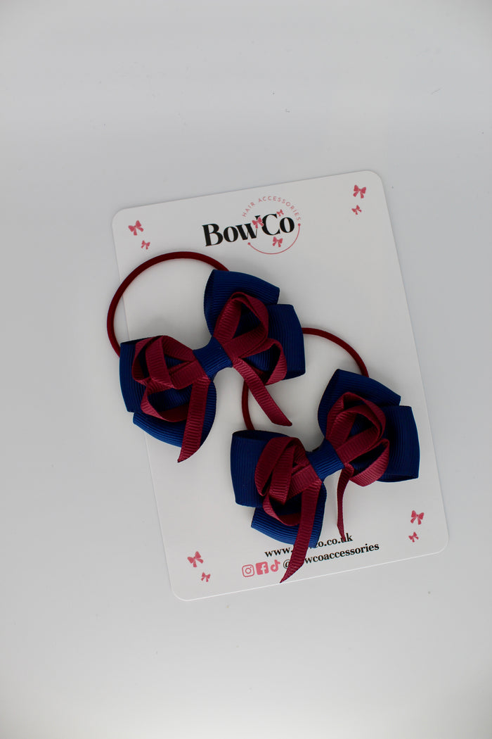 School Bows Navy Blue & Burgundy - Double Bow Set - Elastic