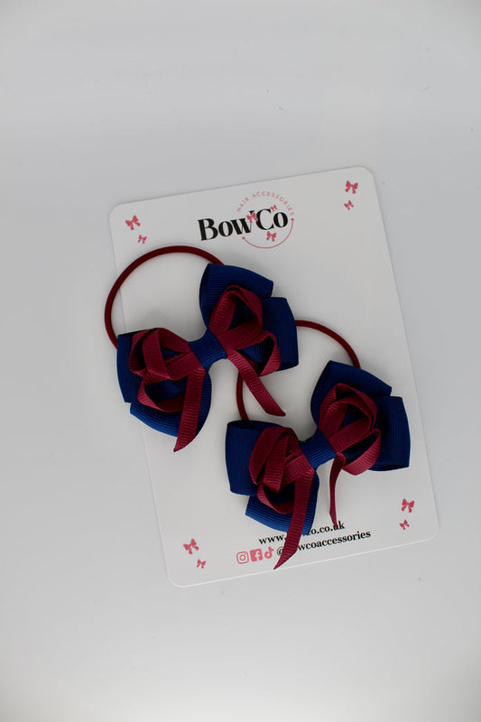 School Bows Navy Blue & Burgundy - Double Bow Set - Elastic
