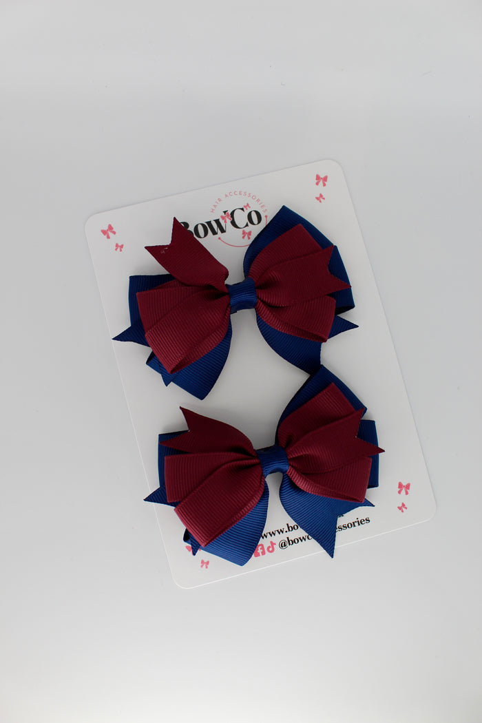 School Bows Navy Blue & Burgundy - Double Tail Bow Set - Clip