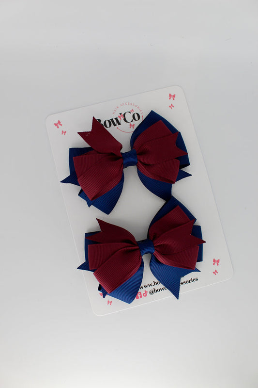 School Bows Navy Blue & Burgundy - Double Tail Bow Set - Clip