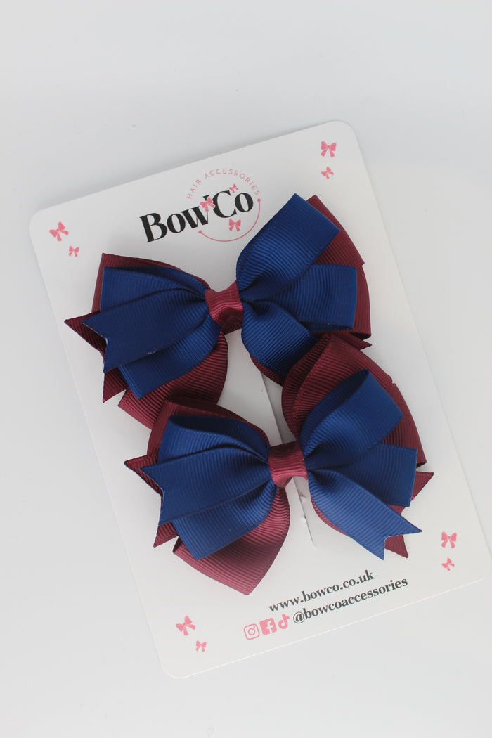 School Bows Navy Blue & Burgundy - Double Tail Bow Set - Clip