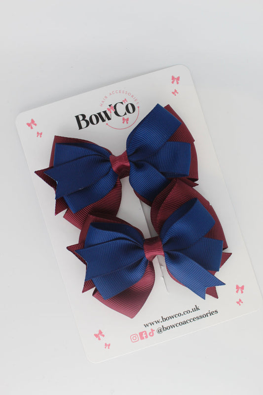 School Bows Navy Blue & Burgundy - Double Tail Bow Set - Clip