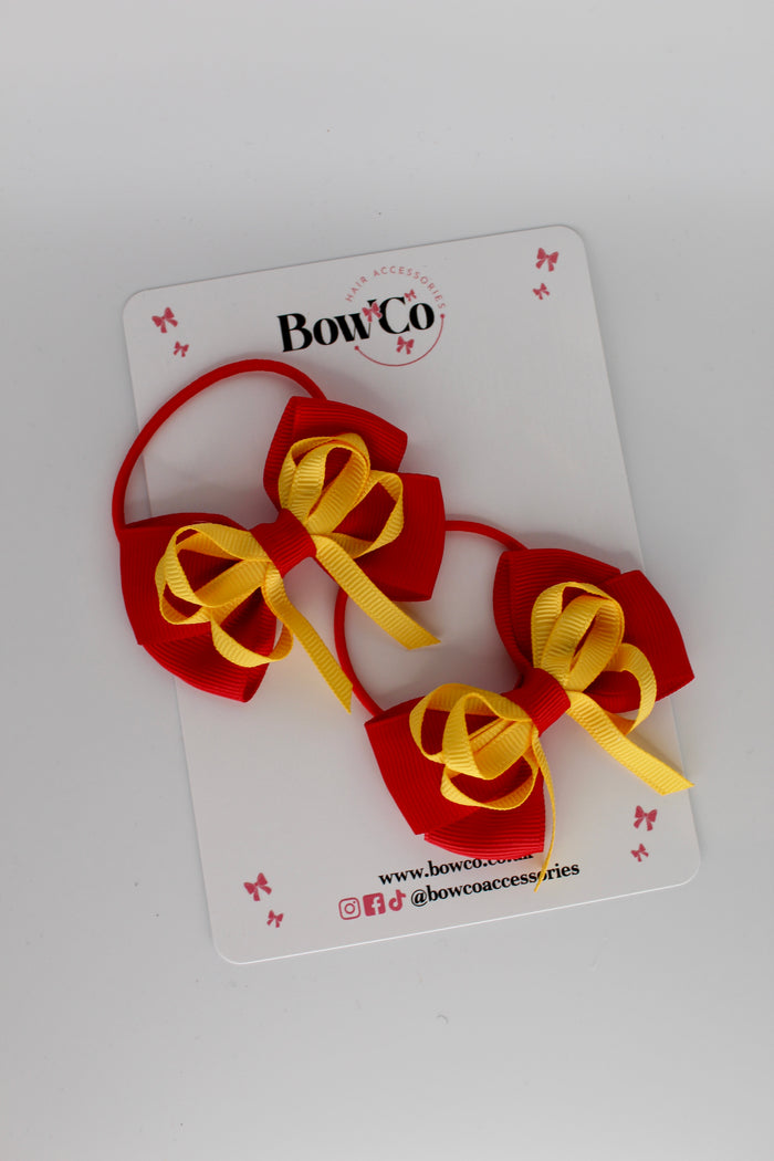 School Bows Red and Yellow Gold - Double Bow Set - Elastic