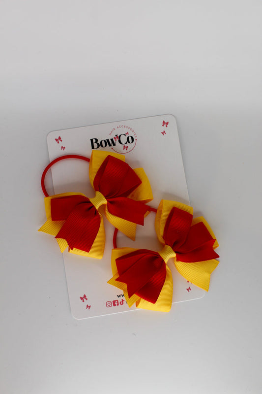 School Bows Red and Yellow Gold - Double Tail Bow Set - Elastic