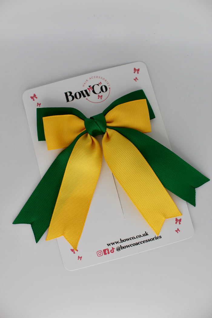 School Green and Yellow Gold Double Ribbon Tail Bow – Clip