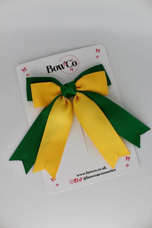 School Green and Yellow Gold Double Ribbon Tail Bow – Clip