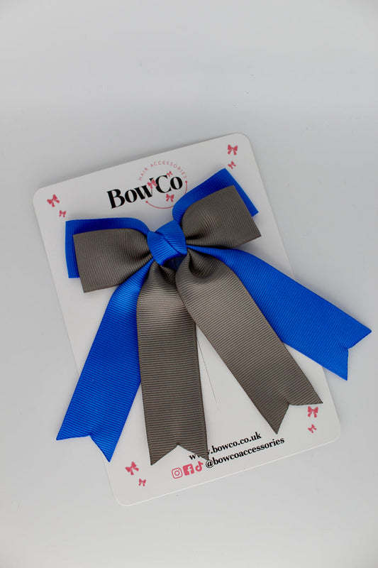 School Royal Blue and Grey Double Ribbon Tail Bow – Clip