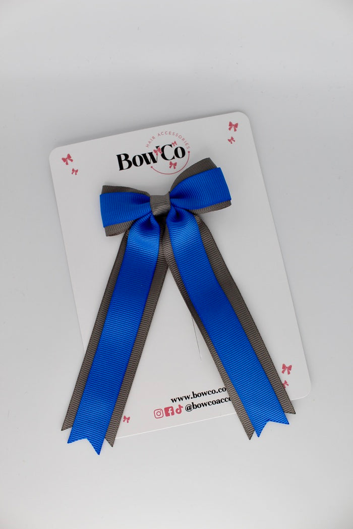 School Royal Blue and Grey Tuxedo Tails Bow – Clip