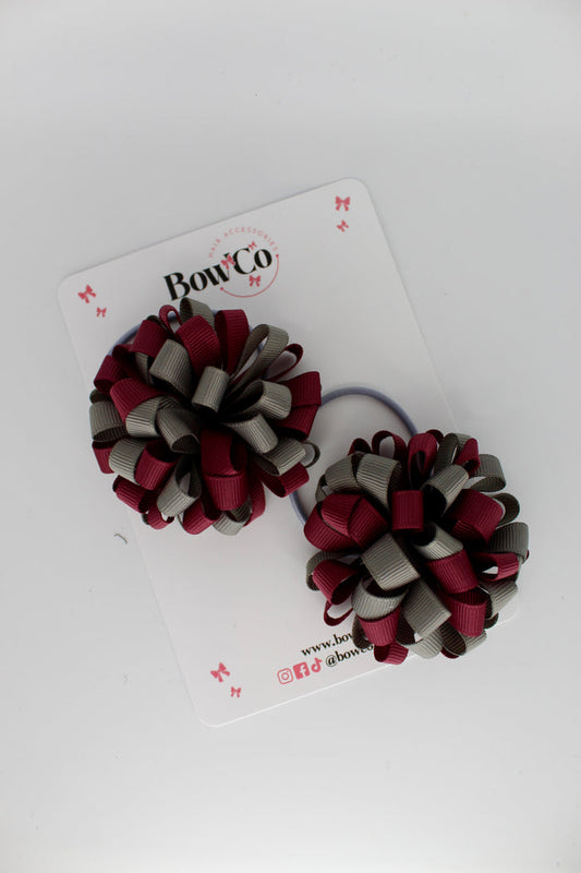 Schools Bows Burgundy and Metal Grey - Pom Pom Bow Set