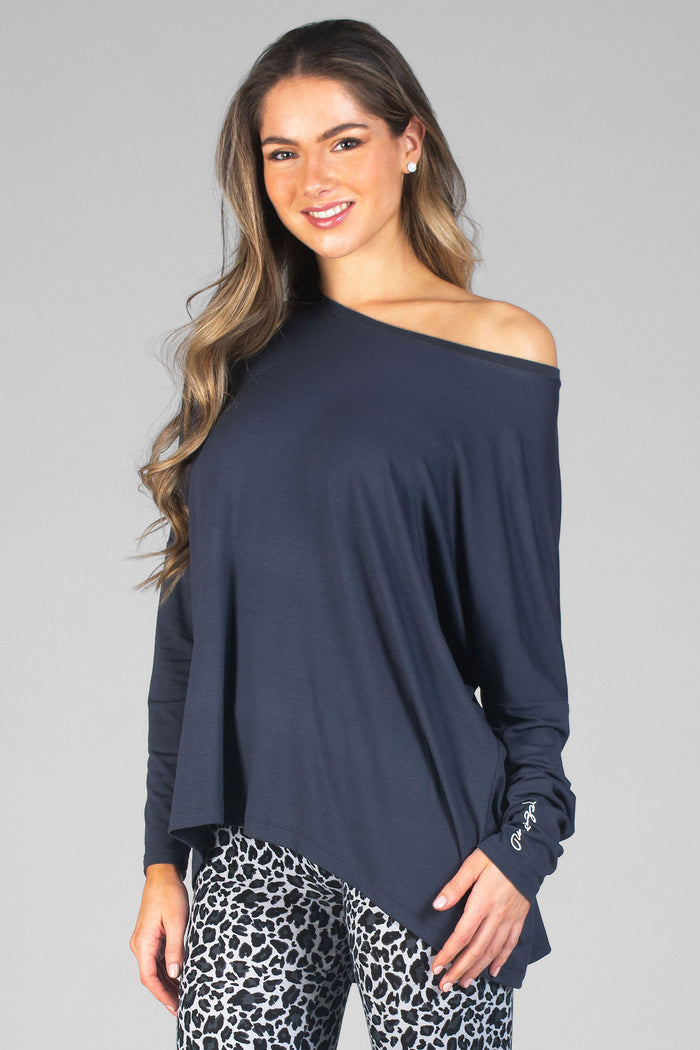 Woman wearing Charcoal Script Long Sleeve T-Shirt