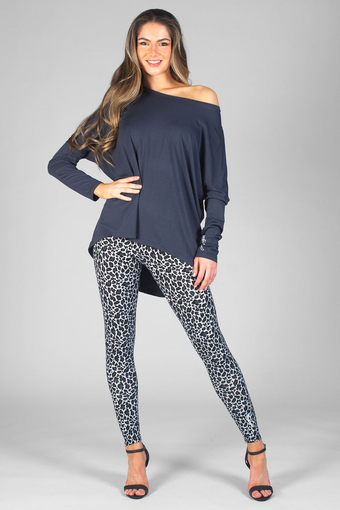 Woman wearing Charcoal Script Long Sleeve T-Shirt and Charcoal Leopard Print Legggings