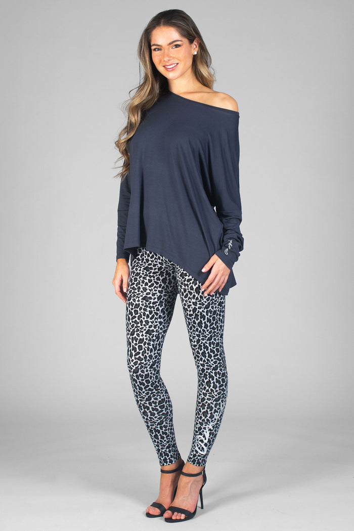Woman wearing Charcoal Script Long Sleeve T-Shirt and Charcoal Leopard All-over Print Legggings