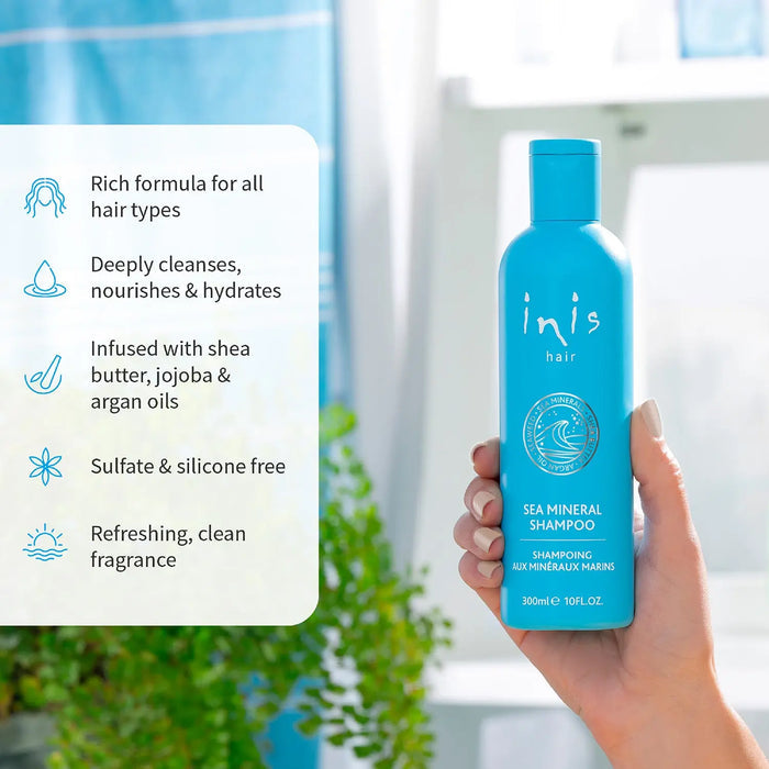 Blue shampoo bottle held by a hand with product features listed on the left.