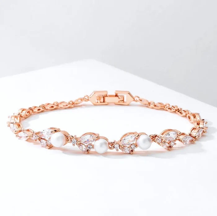 Pearl Wedding Jewelry - Pearl and Cubic Zirconia Bridal Bracelet - Available in Silver, Rose Gold and Yellow Gold
