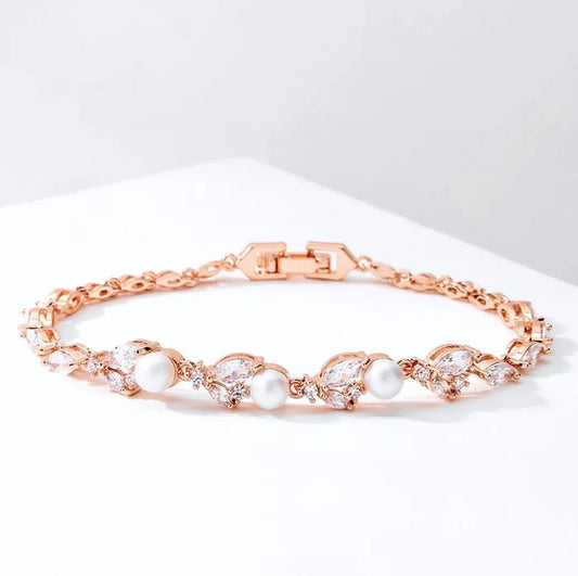 Pearl Wedding Jewelry - Pearl and Cubic Zirconia Bridal Bracelet - Available in Silver, Rose Gold and Yellow Gold