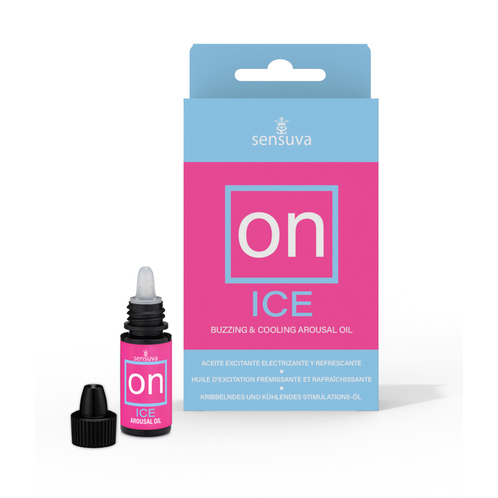 Studio product shot of the Sensuva ON ICE Arousal Oil packaging standing beside its small black dropper bottle. The bottle's black cap is unscrewed and set to the left, exposing the clear dropper nozzle against a plain white background.