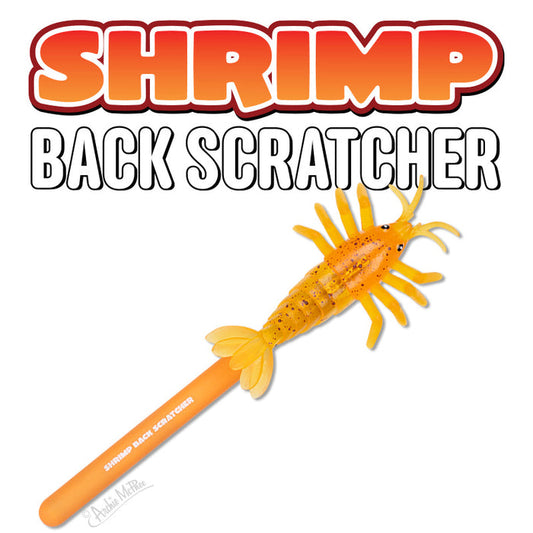 The Shrimp Back Scratcher is an orange, extendable back scratcher shaped like a shrimp with bold Shrimp Back Scratcher text—a quirky novelty accessory for any workspace.