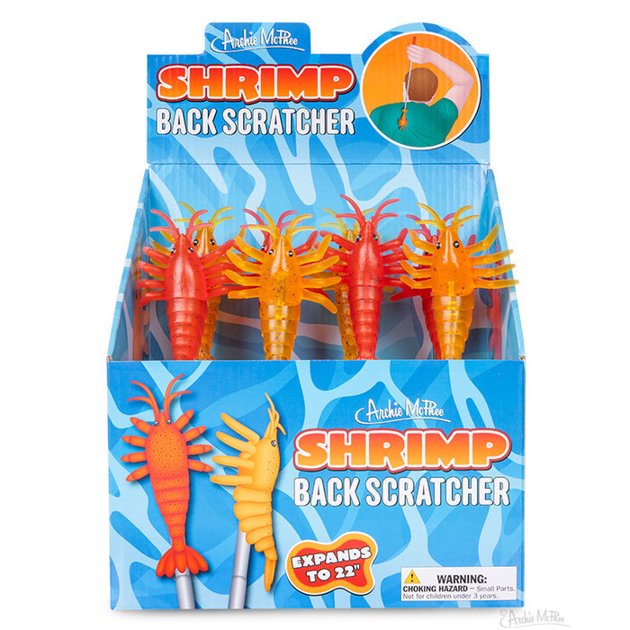 Archie McPhee Shrimp Back Scratcher box features orange and yellow shrimp-shaped scratchers, each with an extendable handle for easy itch relief.