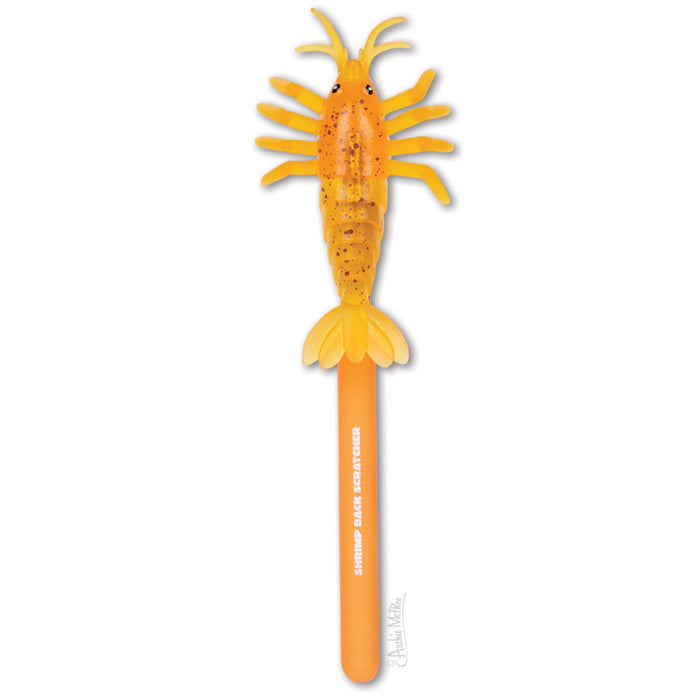 Shrimp Back Scratcher—an orange pen with a shrimp-shaped topper and “SHRIMP BACK SCRATCHER” on the barrel; a playful desk accessory perfect for seafood lovers.