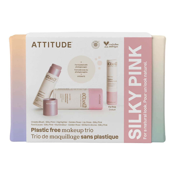 Attitude Silky Pink plastic-free makeup trio packaging on a white background.